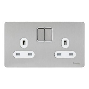 SCHNEIDER GU3420WSS-electric Double switched socket, Ultimate Scewless Flat plate, 13A, 2P+E, BS1363, white & stainless steel